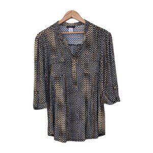 Cocomo Tunic Top Womens M Yellow Black White Henley 3/4 Roll Tab Sleeves Pintuck